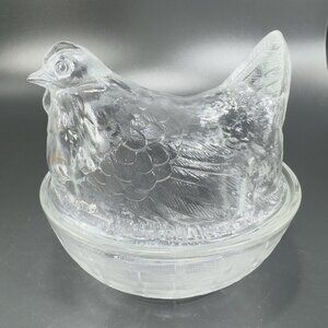 French Clear Hen On Nest Clear Glass Covered Dish Made In France Farmhouse VTG